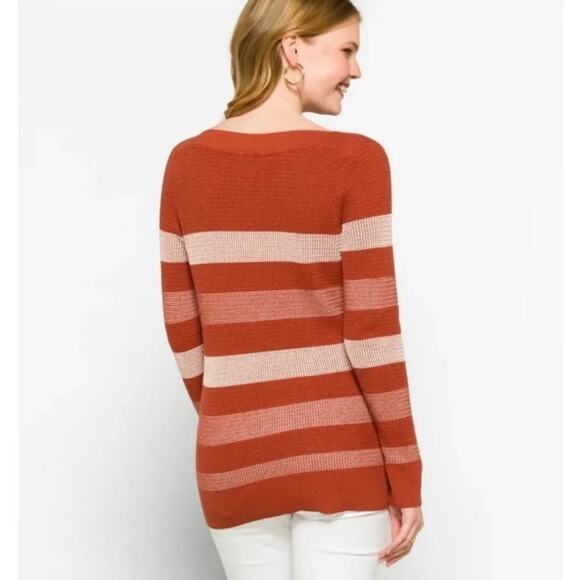 Market & Spruce Tawnee Cotton Blend Rust & White Stripe Waffle Sweater Sz L NEW - Picture 2 of 8